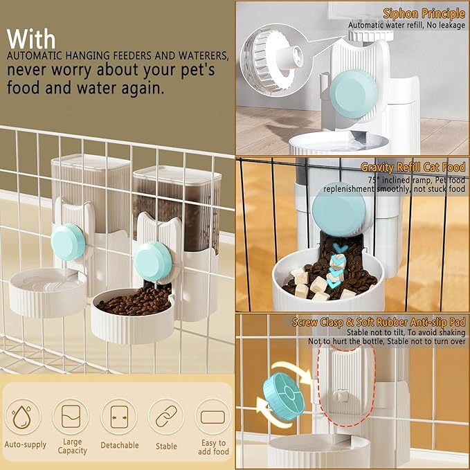 kathson Hanging Automatic Pet Food and Water Dispenser,Gravity Auto Rabbit Feeder for Cage,Guinea Pig Feeder and Waterer Set,Cat Food Bowl Dog Feeding Station for Bunny,Ferret,Chinchilla (Blue)