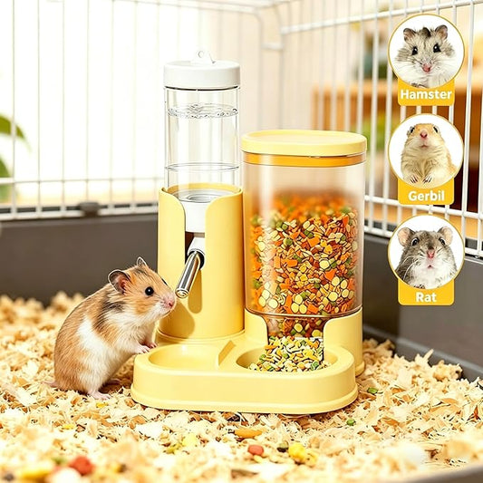 Hamster Water Bottle & Automatic Feeder Combo, No Drip Guinea Pig Water Bottle with Stainless Steel Nozzle, BPA Free Transparent Dispenser for Hamsters Guinea Pigs Gerbils