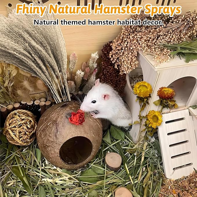 Fhiny Natural Hamster Bedding Mate, Edible Hamster Sprays Flowers & Herbs Gerbil Habitat Enclosure Decor Grain Treats Cage Accessories for Syrian Dwarf Hamster Gerbil Lemming Degus Mice