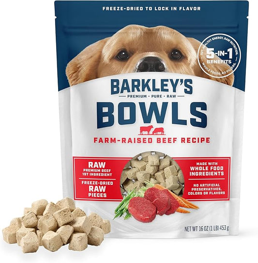 Barkley’s Bowls, Freeze-Dried Raw Beef Dog Food, Fresh Whole Food Ingredients with Farm-Raised Beef, Grain Free, High Protein for Balanced Nutrition, Dog Treats or Topper, 16 Oz Bag