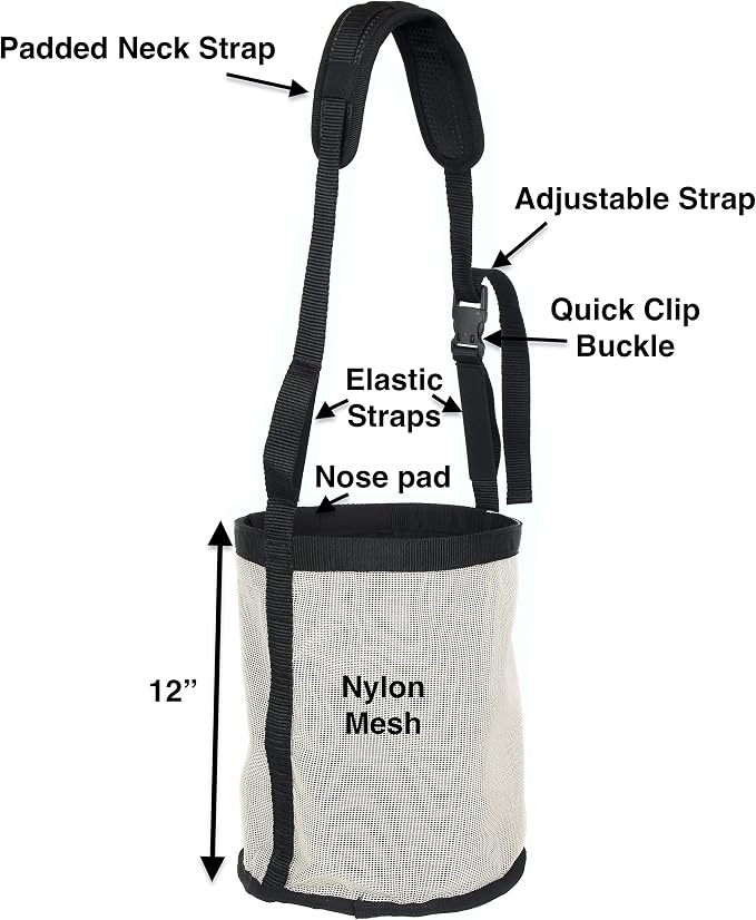 Majestic Ally Horse Feed Bag, Heavy Duty Nylon Mesh Grain Feed Bag, Adjustable Strap with Durable Snap and Elastic Straps, Comfort Neck Pad and Nose Pad- Large (Pony, Beige)