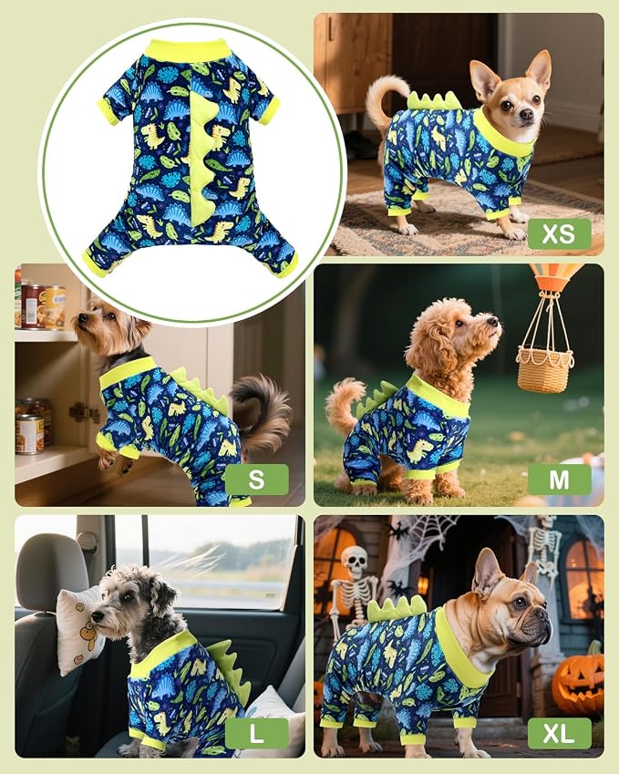 CuteBone Dinosaur Costume Dog Pajamas, Stretchy Spandex Crystal Velvet Sleepwear Coat for Small Dogs, Soft & Warm Pet Outfit Clothes for Cold Weather, Cozy Pullover Design COSP10L