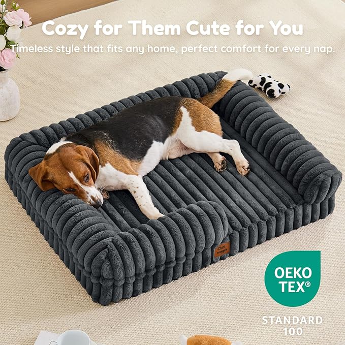 ChiXnuggle Orthopedic Dog Bed with Bolster Sides for Sleeping, Fluffy Plush Rectangular Dog Bed Large Sized Dog, Luxury Striped Faux Fur Waterproof Dog Couch with Removable Washable Cover, Dark Grey