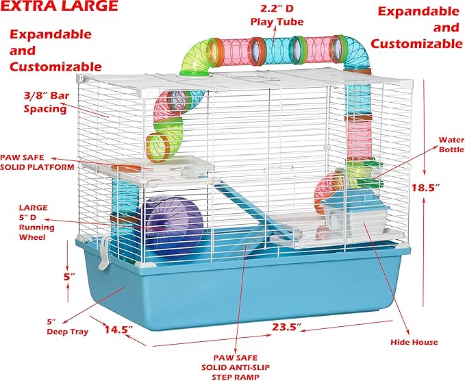 Large Deluxe 3-Tiers Hamster Gerbil Mouse Mice Habitat House Critters Cage with Complete Set of Accessories Expandable and Customizable