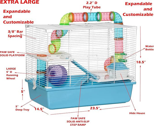 Large Deluxe 3-Tiers Hamster Gerbil Mouse Mice Habitat House Critters Cage with Complete Set of Accessories Expandable and Customizable