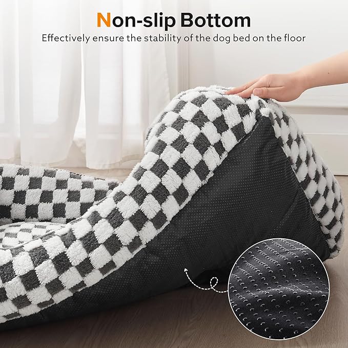JOEJOY Dog Bed for Large Medium Small Dogs - Rectangle Orthopedic Dog Sofa Bed, Cute Modern Puppy Bed with Jacquard Shaggy Plush & Anti Slip Bottom, 35x25x10inches, Grey