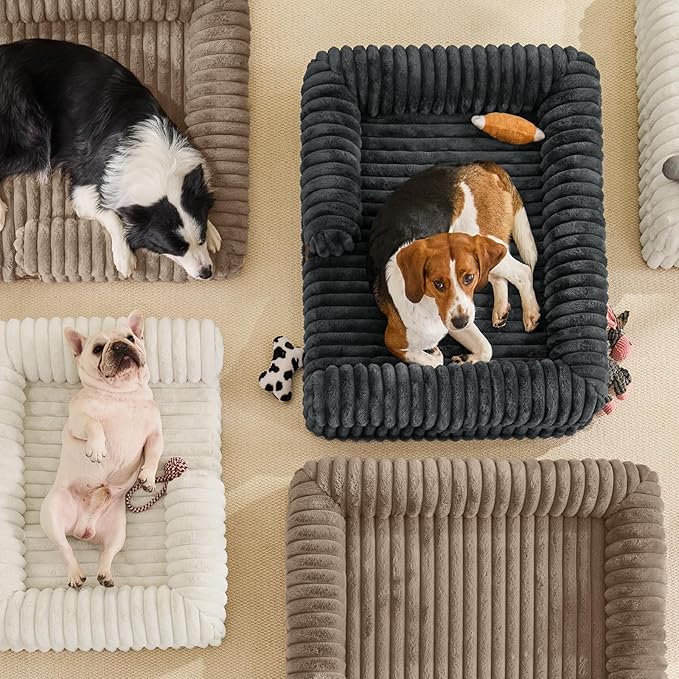 ChiXnuggle Orthopedic Dog Bed with Bolster Sides for Sleeping, Fluffy Plush Rectangular XL Dog Bed, Luxury Striped Faux Fur Waterproof Dog Couch with Removable Washable Cover, Dark Grey