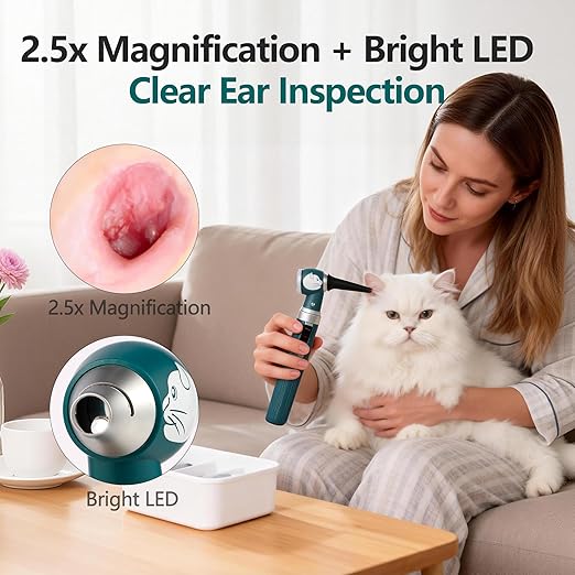 Veterinary LED Otoscope for Pets Cat-Design - Ear Infection Detector with Light, 6 Disposable Tips for Dogs & Cats, Portable Home Ear Checker (Green)