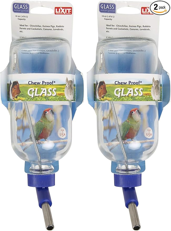 Lixit Glass Water Bottles for Small Animals and Birds (16oz), Clear (COMINHKR016337) (Pack of 2)
