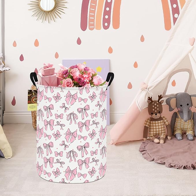 Collapsible Fabric Storage Basket, Waterproof Laundry Hamper with Handles, Round Storage Bin for Clothes Toys, Foldable Organizer for Bedroom Nursery Bathroom(Round-Pink Bow)