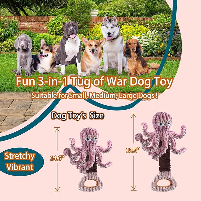YZHDUXIU Squeaky Dog Toys, Octopus Dog Toy Interactive Tug of War Puppy Toy to Keep Them Busy(Purple)