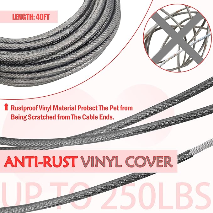 Petest Reflective Tie Out Cable with Crimp Cover for Super Dogs Up to 250 Pounds, 40 Feet