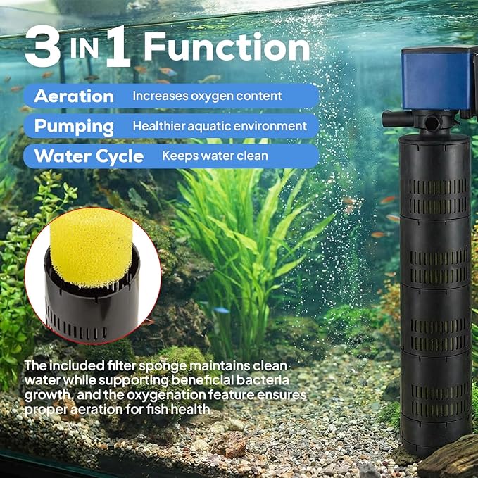 Aqua Dream 660 GPH Internal Aquarium Filter 3 in 1 Submersible Powerhead Pump with High-Volume Air Oxygenation & Sponge Filtration, 35W Adjustable Flow Water Cycling Pump for Large Fish Tanks - 2 Pcs