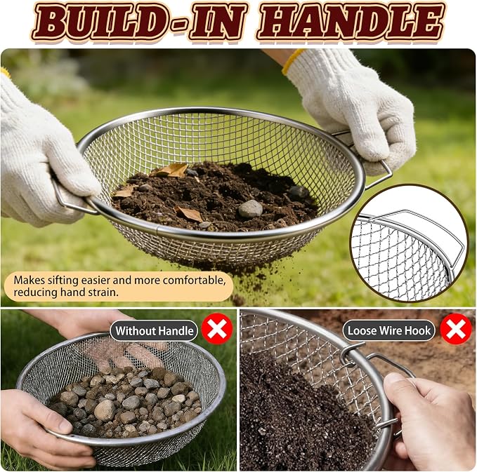 3PCS Soil Sifter for Gardening, Rock Soil Sifter with Handle Compost Sifting Screen for 5 Gallon Buckets with Metal Garden Tool Shovel Gloves 2,4,6mm Mesh Sizes Remove Stone Fine Gravel Sand Dirt