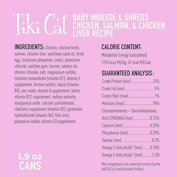 Tiki Cat Baby Wet Food for Kittens Mousse & Shreds, Chicken, Salmon, and Chicken Liver, High-Protein 1.9 oz. Cans (Pack of 3)