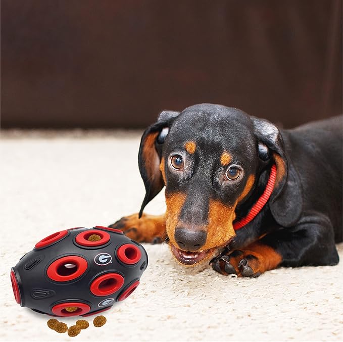 Pets First NCAA Georgia Bulldogs Football Treat Dispensing Toy for Dogs and Cats, Rubber Ball Dog Feeding Toy