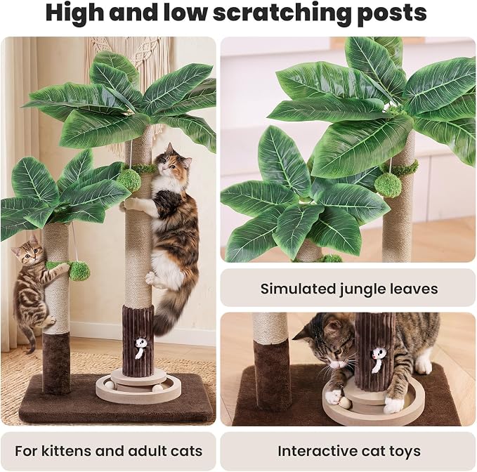 WOOCHPET Palm Tree Cat Scratching Post with Interactive Toys, Dual-Height Sisal Scratcher for Kittens, Adult & Large Indoor Cats