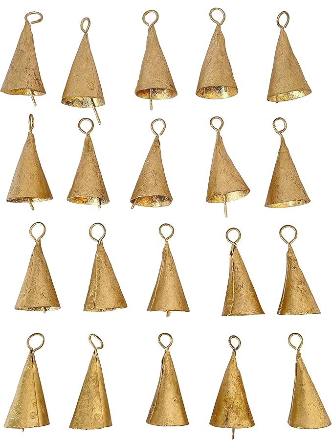 20 Pcs Small Gold Metal Craft Bells 2"– Rustic Cone Cow Bells for Crafts, Jingle Bells for Crafting, Christmas Bell Tree Ornaments, Witch Bells, Vintage Boho Decor, Garden Wind Bell, Sleigh