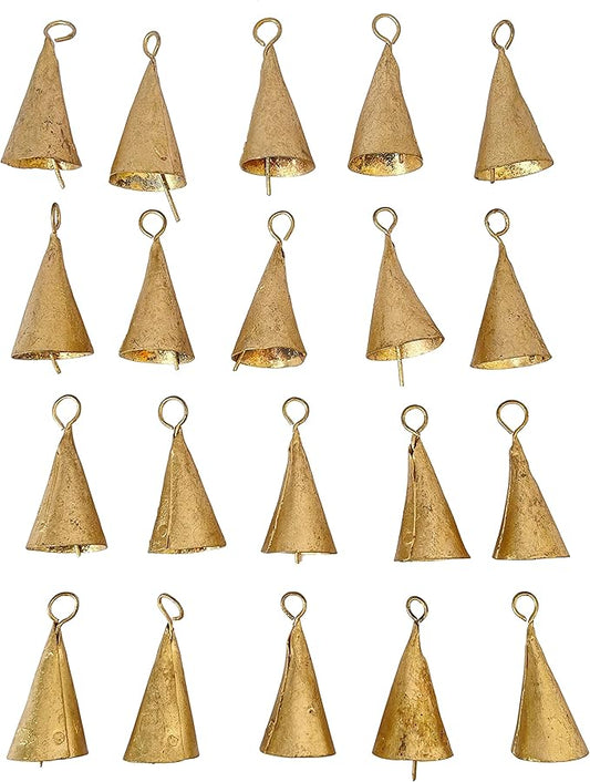 20 Pcs Small Gold Metal Craft Bells 2"– Rustic Cone Cow Bells for Crafts, Jingle Bells for Crafting, Christmas Bell Tree Ornaments, Witch Bells, Vintage Boho Decor, Garden Wind Bell, Sleigh