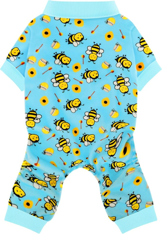 Paiaite Dog Pajamas Onesie: Comfortable Four-Legged Apparel for Small, Medium, & Large Dogs, Polyester Material for Comfort, Wrinkle Resistance, Moisture Wicking, Stretchiness Cute Bee Sky Blue XS