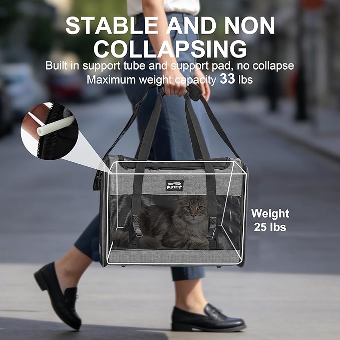 Soft Sided Cat Carrier for Large Cats, Pet Carrier for 2 Cats or Small Dogs Up to 25Lbs, Large Cat Carrier with Shoulder Strap, Cat Car Carrier with Safety Buckle & Cushion, 20x13x13 inches, Grey