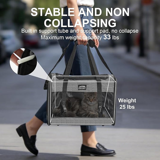 Soft Sided Cat Carrier for Large Cats, Pet Carrier for 2 Cats or Small Dogs Up to 25Lbs, Large Cat Carrier with Shoulder Strap, Cat Car Carrier with Safety Buckle & Cushion, 20x13x13 inches, Grey