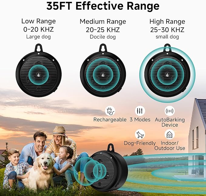 35ft ultrasonic Dog bark Box Anti Barking Device for Dogs Bark Deterrent Devices with 3 Modes （Black+Grey）