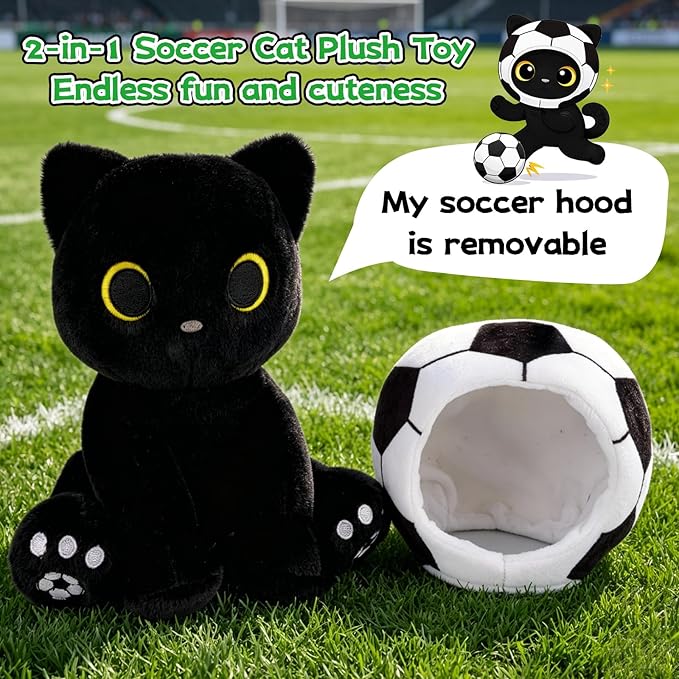 Black Cat Plush Toy - 8" Cute Stuffed Animal with Removable Soccer Ball Costume, Soccer Gift for Kids, Boys, Girls, Cat Lovers, Huggable Soft Kawaii Plushie