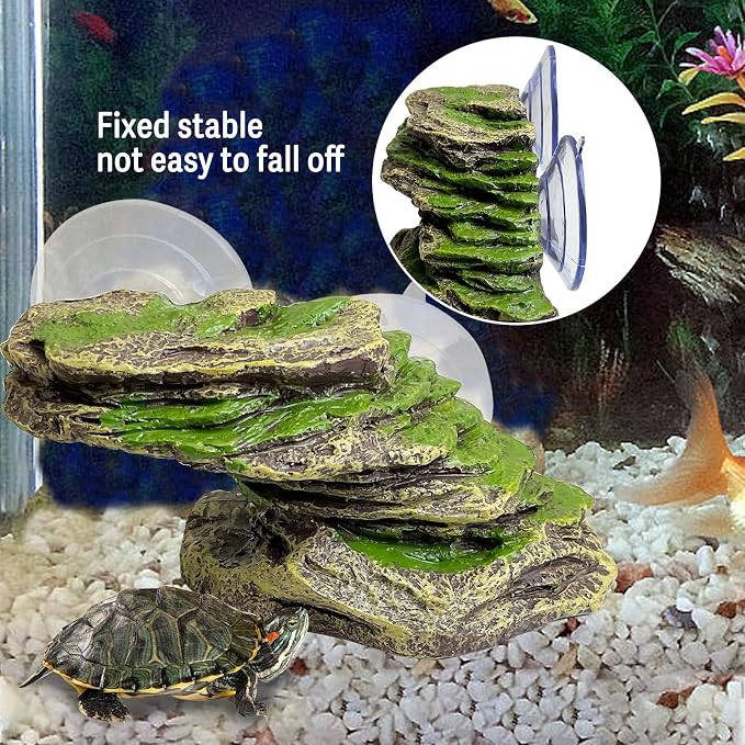 kathson Turtle Basking Platform Floating Turtle Dock Baby Tortoise Climbing Ramp Shale Reptiles Dock Resting Terrace Stone Aquarium Ornament for Frogs Newts (Green Size:6.0”Lx2.7”Wx2.7”H)