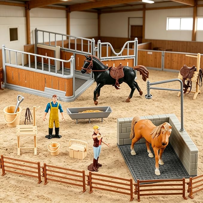 Peagrav Horse Stable Playset with Rider, Wash Area, Fence & Animal Figures - Gifts for Girls & Boys Aged 3-8
