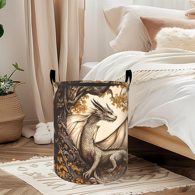 Autumn Dragon Laundry Basket, Oxford Cloth Mythical Fantasy Dirty Clothes Collapsible Hamper for Room Decor, Fall Forest Print Gifts Toy Organizer 19.7 * 15.8 Inch for Bedroom Bathroom Dorm