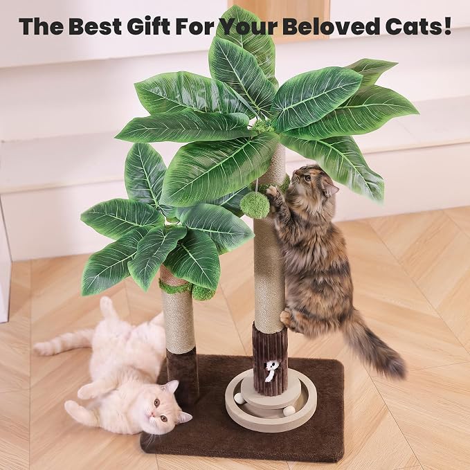 WOOCHPET Palm Tree Cat Scratching Post with Interactive Toys, Dual-Height Sisal Scratcher for Kittens, Adult & Large Indoor Cats