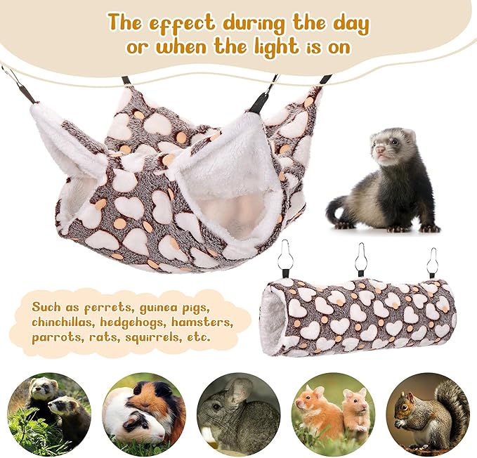 Mogoko Noctilucent Luminous Brown Guinea Pig Rat Hammock Bunkbed Hanging Tunnel and Soft Bed Mat for Ferret Hedgehog Squirrel Hideout Cage Accessories (Tunnel and Bunkbed Hammock)