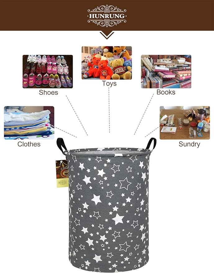 Laundry Hamper,Large Canvas Fabric Lightweight Storage Basket Toy Organizer Dirty Clothes Collapsible Waterproof for College Dorms, Children Bedroom,Bathroom（Round star）