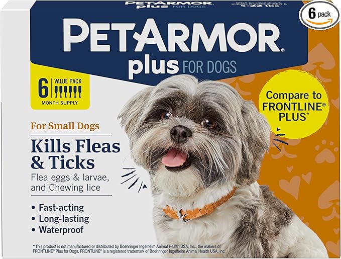 PetArmor Plus Flea and Tick Prevention for Dogs, Small Dog Flea and Tick Treatment, 6 Doses, Waterproof Topical, Fast Acting (5-22 lbs)
