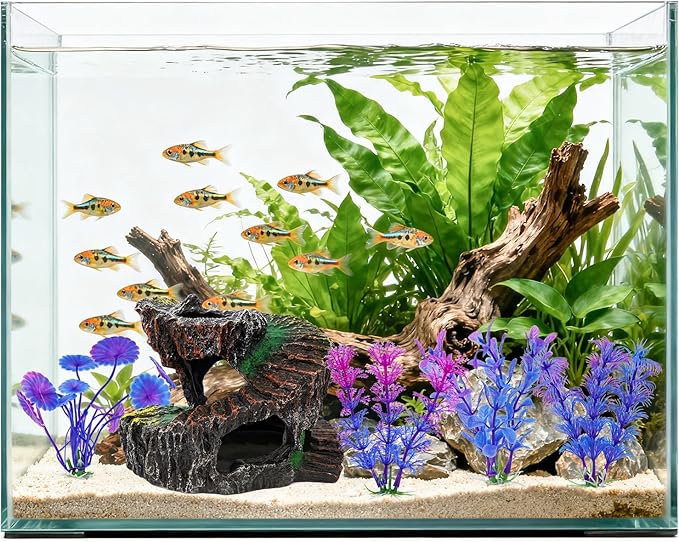 Aquarium Fish Tank Decorations, Montain Ornaments Accessories Decor for Small Aquarium, Spiral Staircase x 1pc, Aquatic Plants x 4pcs