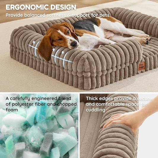 ChiXnuggle Orthopedic Dog Bed with Bolster Sides for Sleeping, Fluffy Plush Rectangular Dog Bed Large Sized Dog, Luxury Striped Faux Fur Waterproof Dog Couch with Removable Washable Cover, Taupe