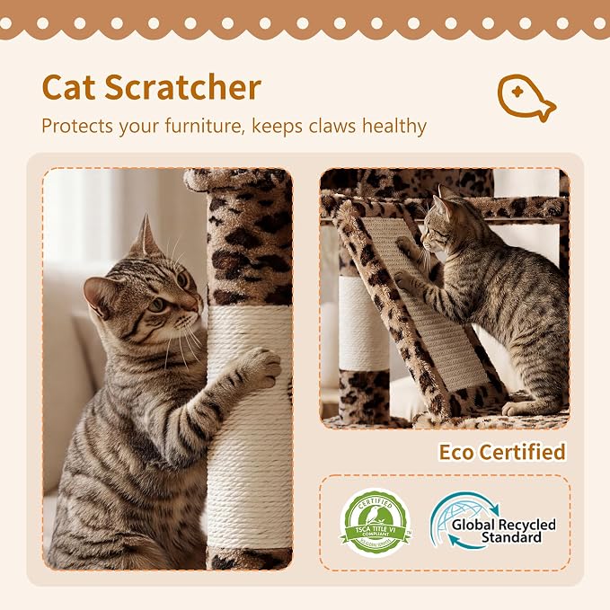 Heybly Cat Tree, 71-Inch-Tall Tower for Indoor Cats with 2 Perches, 2 Big Condos, 2 Hammocks, Basket, Scratching Pad, Large Cat Furniture and Condo, Leopard Print HCT034BW