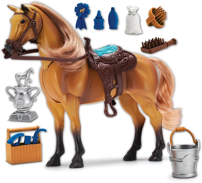 Sunny Days Entertainment | Quarter Horse with Moveable Head, Realistic Sound and 14 Grooming Accessories | Blue Ribbon Champions Deluxe Toy Horses