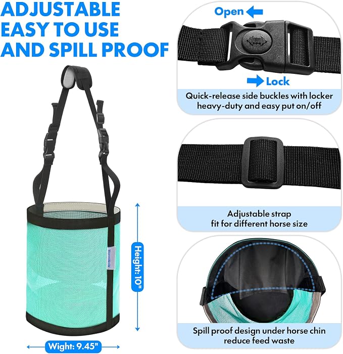 Horse Feed Bag Pack of 2 (Reinforced Bottom Edging), Feed Bags for Horses with Ventilation Mesh, Comfort Nose Pad Neck Pad, Adjustable Strap, Spill Proof Design for Feeding Grain, Supplements