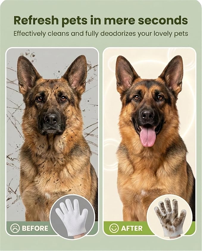 24 pcs Pet Glove Wipes, Dual Sided Hypoallergenic No-Rinse Grooming Mitts with Natural Extracts for Dogs, Cats, Rabbits & Horses