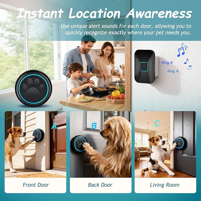 Halo Paw Smart Dog Door Bell – Touch-to-Ring BK Dog Bells to Go Outside, LED Light Wireless Dog Buttons & Dog Clicker for Communication, Waterproof Bell for Dogs to Ring to Go Potty(1 Bell & 1 Chime)