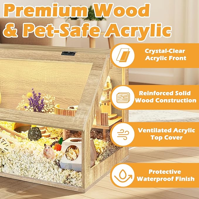 PROLEE Hamster Cage Chewproof, 40" x 20" x 20" Sloped Mice and Rat Habitat with Clear View, Solid Built with Lockable Design and Openable Top (White Oak)