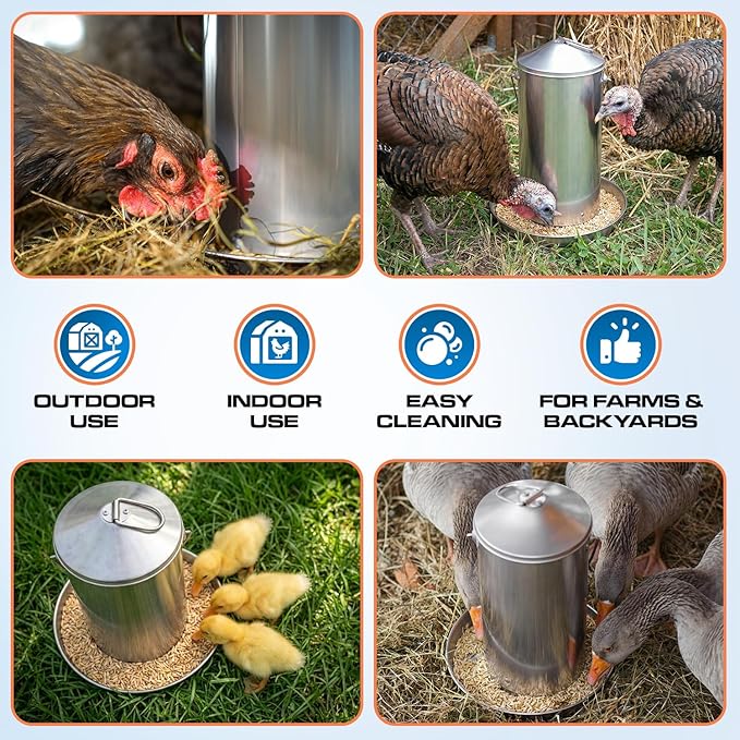 Plexon 8.8 Lb Stainless Steel Hanging Chicken Feeder no Waste Food-Grade - Duck Turkey Poultry Feeder for Chicken Metal - Heavy Duty Reliable Long-Lasting with Handle