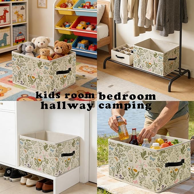 Rustic Vintage Butterfly Floral Storage Bins, Cottagecore Botanical Wildflower Foldable Closet Organizers Storage Basket Toybox for Clothes Bed Sheets Blankets Toys