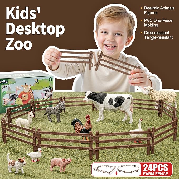 24PCS Farm Animal Corral Fence Toys for Kids Age 3-5 5-7 4-8 Years Olds Boys Girls, Educational Farm Animal Cake Toppers for Toddlers 3 4 5 6 7 8 9 10