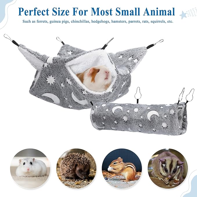 Mogoko Noctilucent Luminous Grey Guinea Pig Rat Hammock Bunkbed Hanging Tunnel and Soft Bed Mat for Ferret Hedgehog Squirrel Hideout Cage Accessories (Tunnel and Bunkbed Hammock)