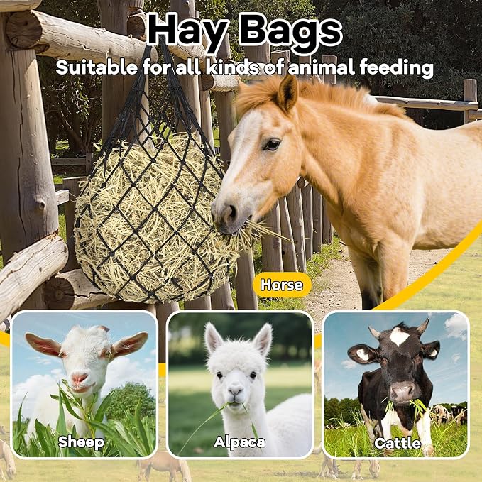 YedsIntu 3 Pcs Hay Bags for Horses, Hay Nets for Horses Goat Sheep,Goat Hay Feeder for Slower Feeding,Strong Load-Bearing Hay Bag Hanging for Horse Stable Trailer (Black)