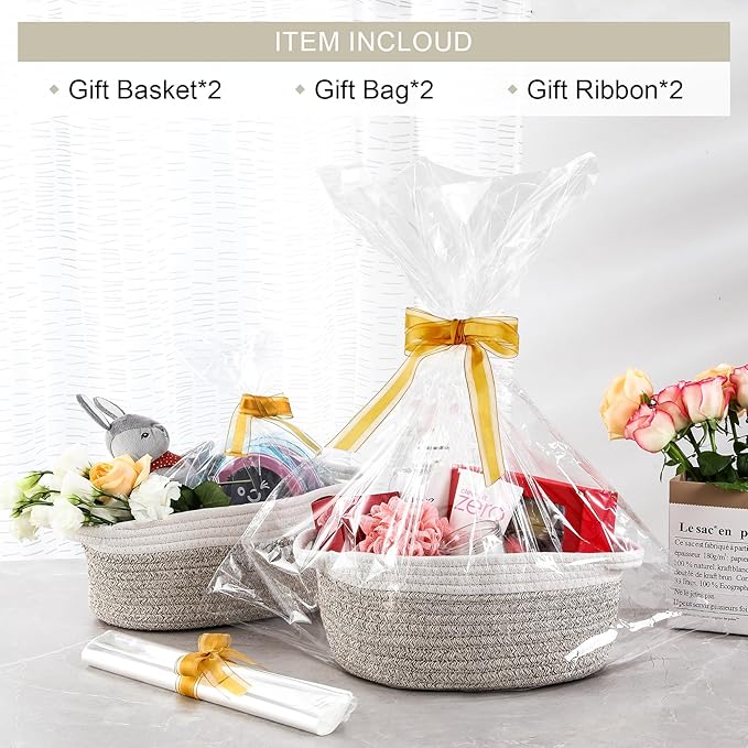 2 Pack Small Woven Basket with Gift Bags and Ribbons, Empty Decorative Gift Chest Box, Cute Baby Gift Basket for Nursery, Cotton Rope Room Shelf Storage Basket with Handles, All 12"x 8"x 5",Brown