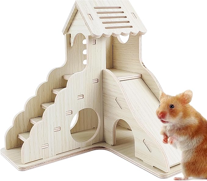 Hamster House,Tiny House with Slide House, Double-Decker Hut,Hamster Cage Accessories,Small Animal Habitat Decor for Hamster